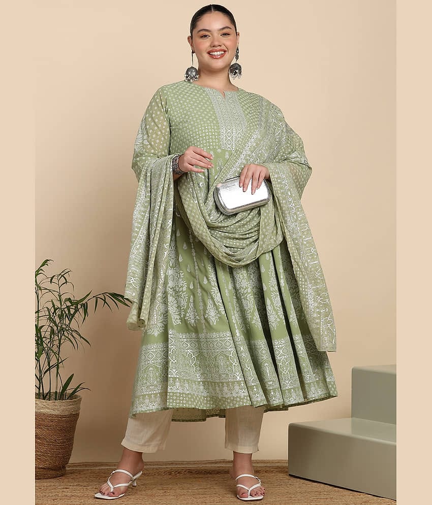 Yash Gallery Women Georgette Printed Anarkali Kurti with Dupatta ( Green )