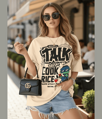 Leotude Women Cotton Blend Printed Oversized Fit Round Neck T-Shirt ( Beige )