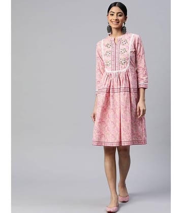 Vbuyz Women Cotton Printed A-line Dress ( Pink )
