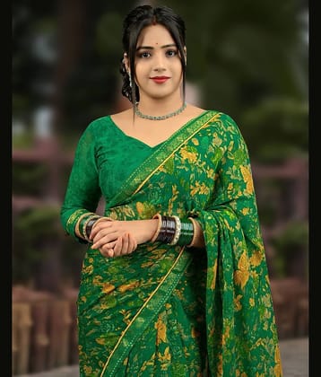 Samah Georgette Printed Regular Saree With Unstitched Blouse Piece ( Green )