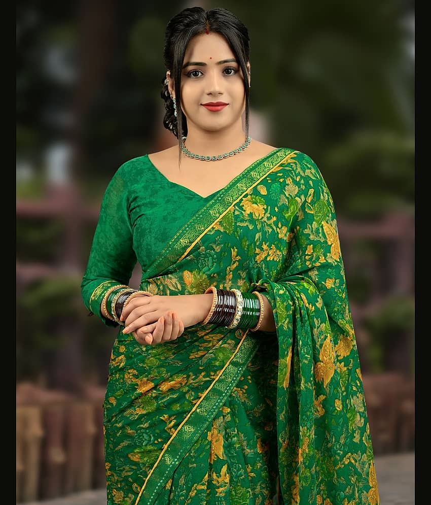 Samah Georgette Printed Regular Saree With Unstitched Blouse Piece ( Green )