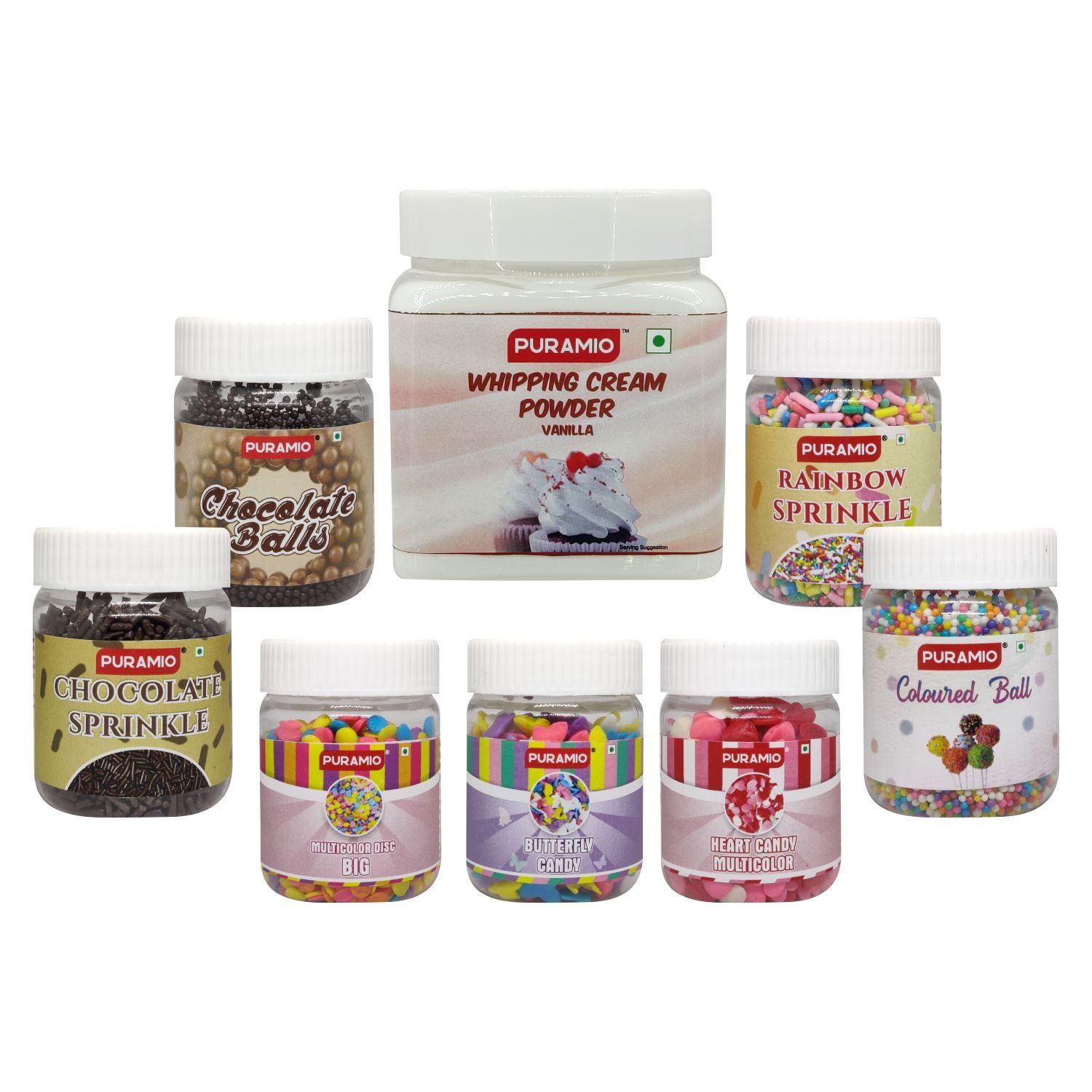 Puramio Cake Decoration/Topping - Whipping Cream Vanilla, 250 gm (Rainbow, Chocolate Sprinkle, Coloured Balls, Coloured Disc, Coloured Butterfly, Coloured Heart & Choco Balls), 25 gm Each - Pack of 8