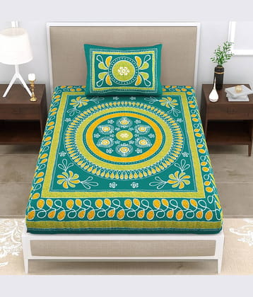ABHACLOTHO Green Cotton 1 Single Bedsheet with 1 Pillow Cover ( 215 cm x 150 cm )