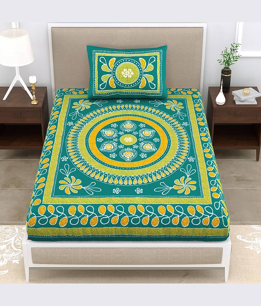 ABHACLOTHO Green Cotton 1 Single Bedsheet with 1 Pillow Cover ( 215 cm x 150 cm )