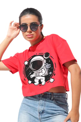 Kinnko Premium Cotton Womens Red Printed Crop T-Shirt Kinnko Premium Cotton Womens Red Printed Crop T-Shirt