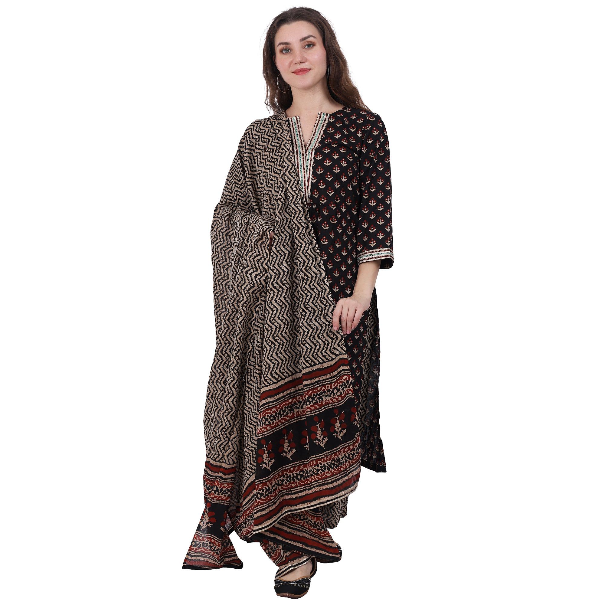 Black Block Printed 3 piece Kurta Set-S