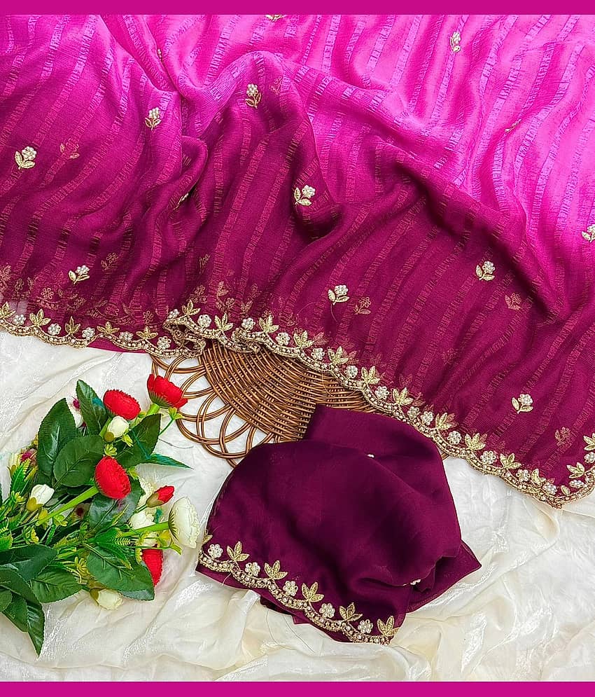 KV Fashion Chiffon Embroidered Regular Saree With Unstitched Blouse Piece ( Turquoise )