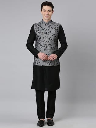 Black Net Printed Jacket With Black Kurta-M/40 / Pajama set