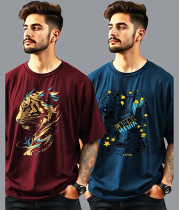 ENITOR Men Cotton Blend Oversized Fit Printed T-Shirt ( Teal Blue )