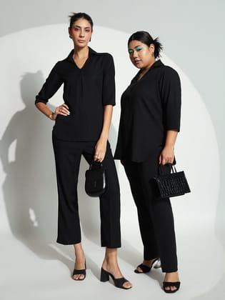 V-Neck Shirt Collar with Box Pleat Pant Suit - Black-2XL
