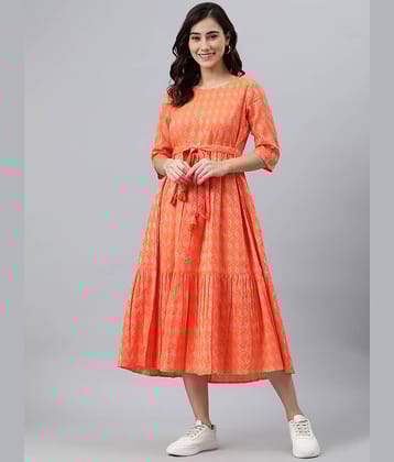 Janasya Women Cotton Printed Fit & Flare Dress ( Orange )