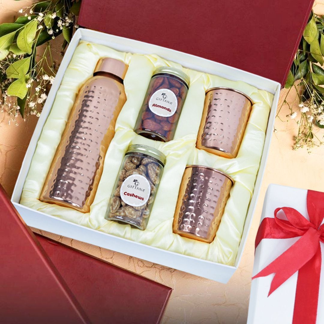 Copper Bottle with Glasses, Almonds & Cashews Gift Set