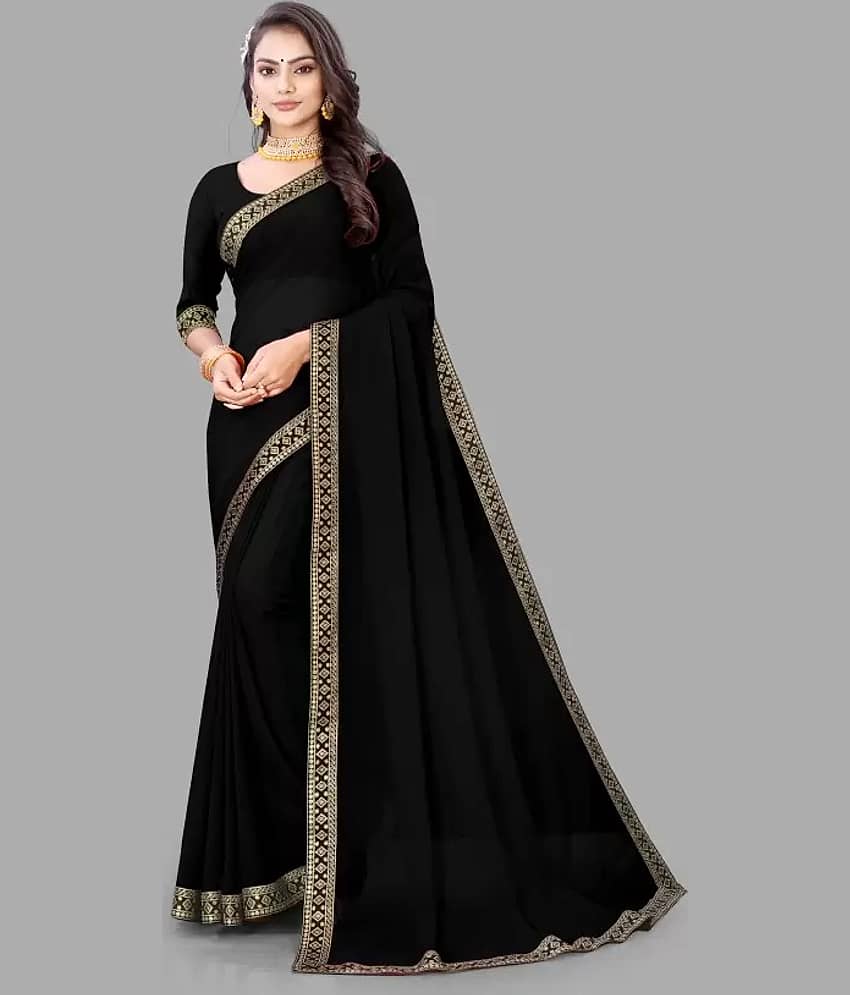 Suntex Georgette Solid Saree With Unstitched Blouse Piece ( Black )