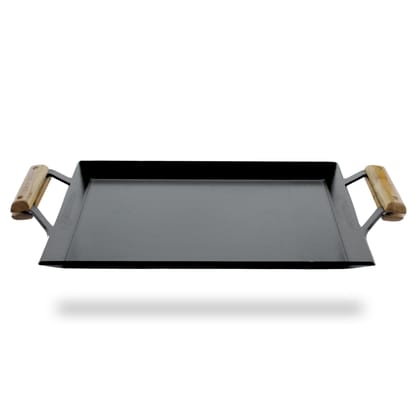 Trilonium Triple Seasoned Iron Rudra Multi Purpose Rectangular Griddle Tawa 44 x 30 cms with Wooden Handles