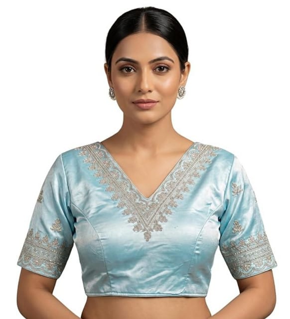 Women's Satin Embroidered Half sleeve V-Neck Padded Readymade Blouse (Sky Blue, Size 38 - Self-Alterable 36โ40)