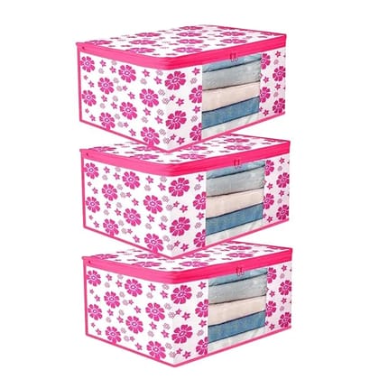 Bindian Multipurpose Saree Cover for Wardrobe Storage | Premium Non-Woven Fabric Cloth Organizer Box with Transparent Window & Zipper | Ideal for Storing Sarees & More (Pink Flower, Pack of 3)