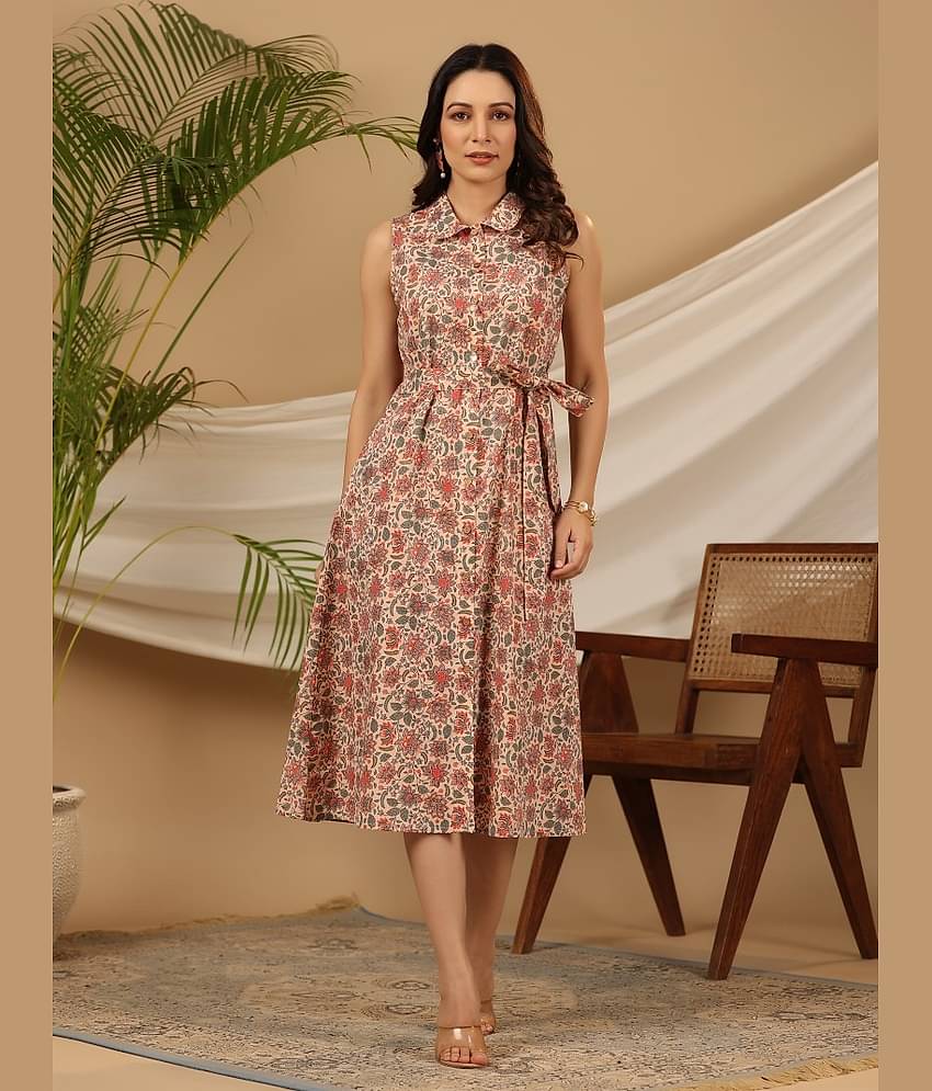 Juniper Women Cotton Printed A-line Dress ( Peach )
