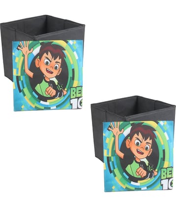 PrettyKrafts Foldable Storage Box Cum Stool - Toy Storage - Polyster Blend Fabric Foldable Organizer Boxes Containers Drawers with Ben 10 Lid - Set of 2 pcs