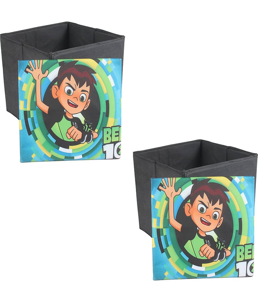 PrettyKrafts Foldable Storage Box Cum Stool - Toy Storage - Polyster Blend Fabric Foldable Organizer Boxes Containers Drawers with Ben 10 Lid - Set of 2 pcs