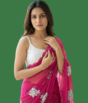 Indy Bliss Satin Embroidered Regular Saree With Unstitched Blouse Piece ( Pink )