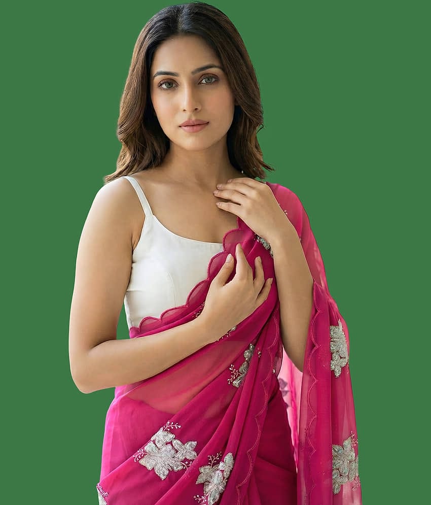 Indy Bliss Satin Embroidered Regular Saree With Unstitched Blouse Piece ( Pink )