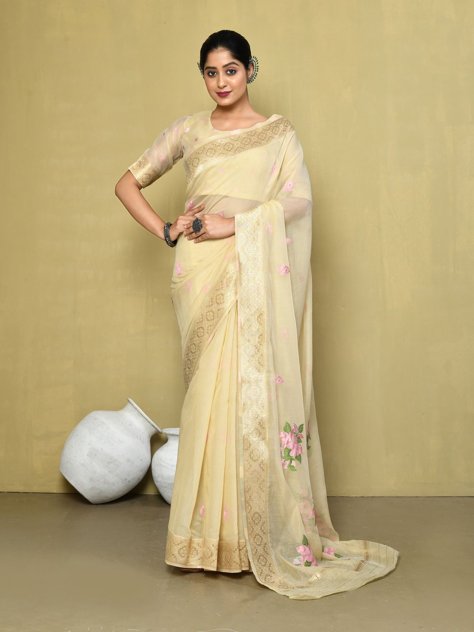 Chikoo  floral cotton  Saree