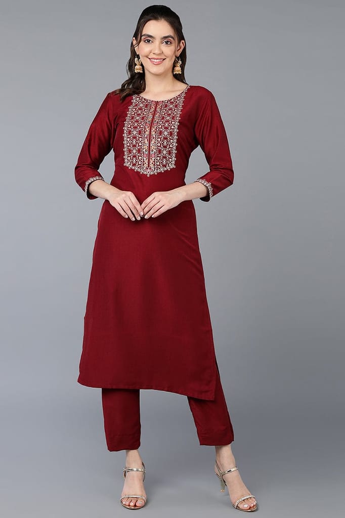 Silk Blend Maroon Embroidered Straight Kurta VCK9385 - Kurtas & Kurta Sets | Buy online on ZillyBuy