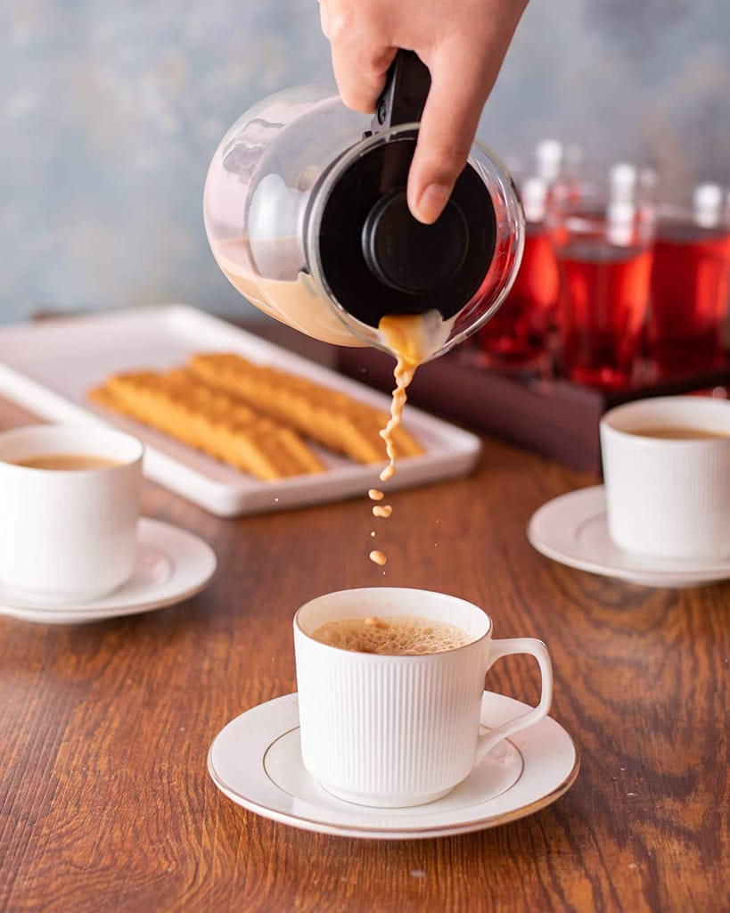 Femora Indian Ceramic Gold Line with Vertical Bar White Tea Cups, Mugs and Saucer-200 ml - Set of 6 (6 Cups, 6 Saucer)