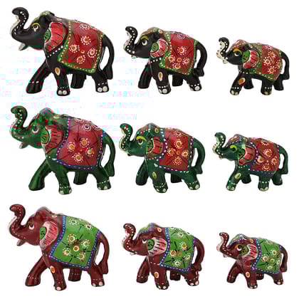 DreamKraft Paper Mache Handcrafted Elephant Showpiece Figurine (Pack of 9, Black-Green-Red)