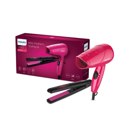 Philips HP8643/46 Hair Straightener & Hair Dryer Combo (1000W, Pink)
