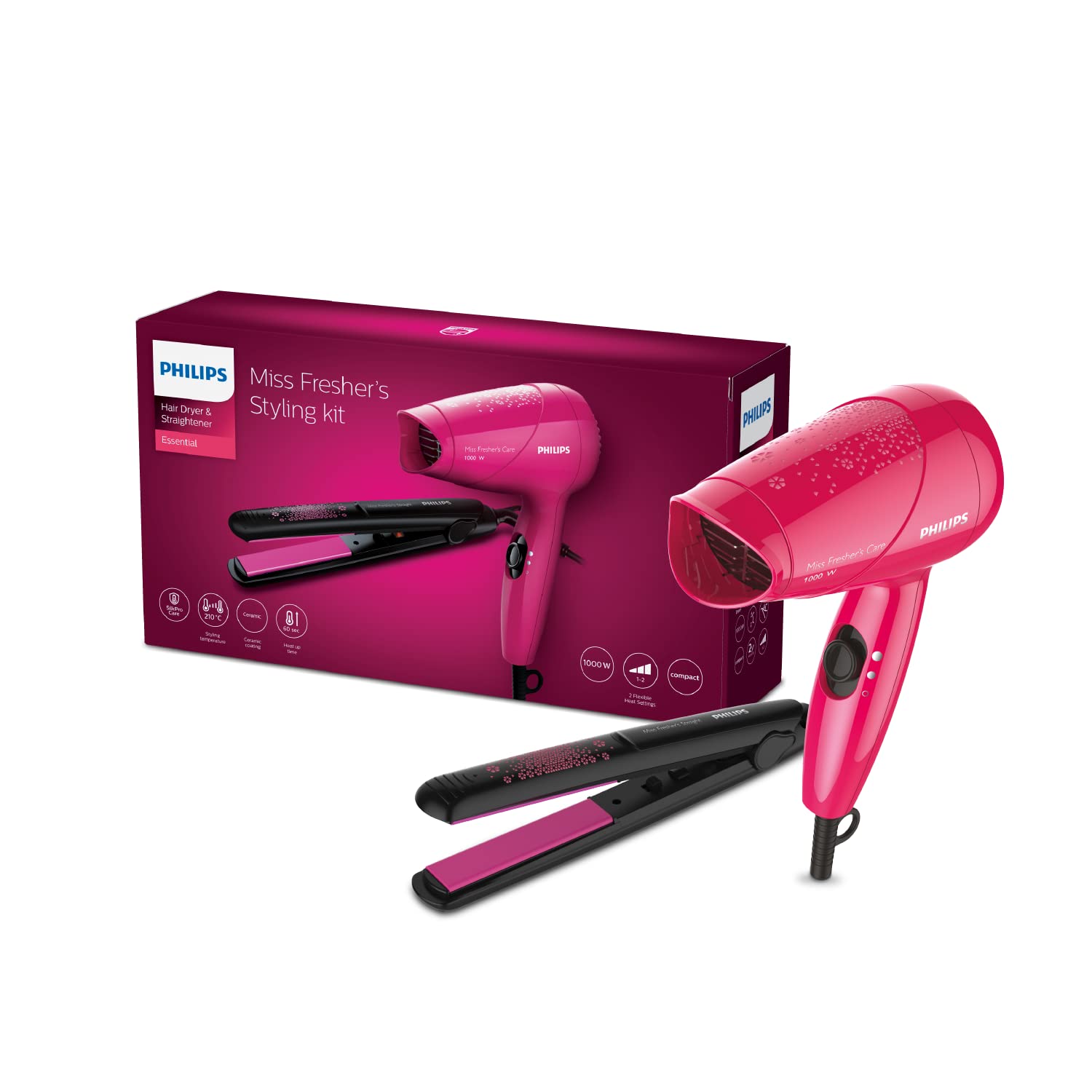 Philips HP8643/46 Hair Straightener & Hair Dryer Combo (1000W, Pink)