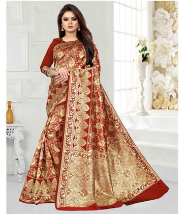Gazal Fashions Banarasi Silk Printed Saree With Unstitched Blouse Piece ( Multicolor )