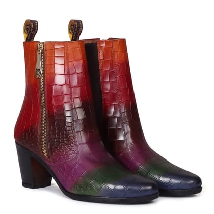 Multi Colored Ladies Boot With Zip Closure in Deep Cut Croco Textured Leather by Brune & Bareskin-36/3