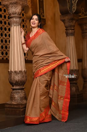 Parampara ~ Pure Cotton Saree in Regal Shady Red with Exclusive Zari Border & Pallu