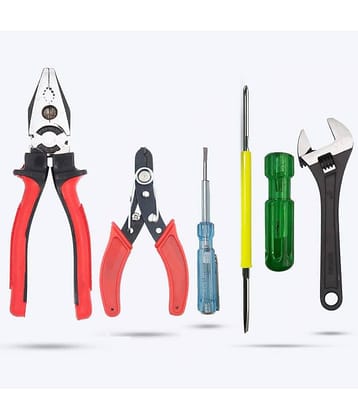Aldeco Hand Tool Kit Heavy duty Grip Plier (Pilash), Cutter, Tester with Neon Bulb, 2in1 Screw Driver & Adjustable Wrench. Perfect Tool Kit For Domestic & Industrial Purpose.