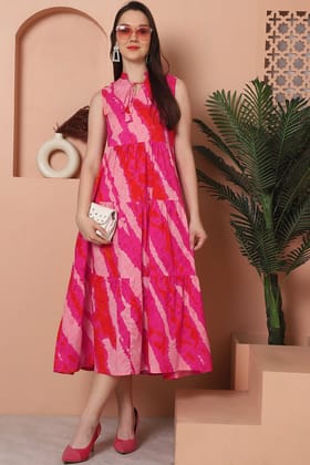 Pink Color Tie & Dye Printed Cotton Ethnic Dress For Women-S