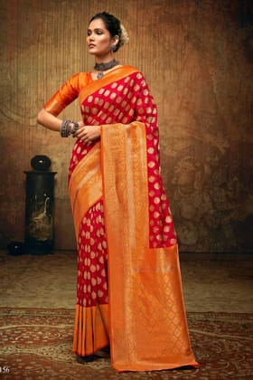 Rani Pink Woven Sik Saree