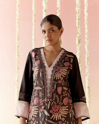 Black Orchid Embroidered Chanderi Kurta - Set of 2-XXS / XXS