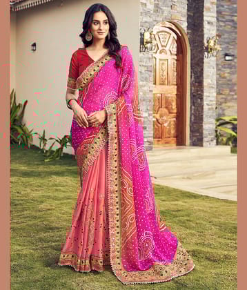 Satrani Chiffon Printed Saree With Unstitched Blouse Piece ( Peach )