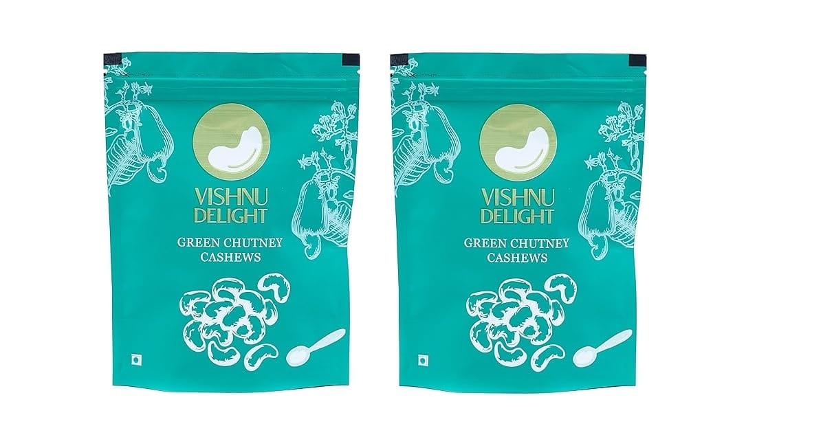 Vishnu Delight Premium Quality Green Chutney Flavored Cashews 250gm Pouch - Rich in Protein, Fiber, and Healthy Fats, Perfect for Healthy Snacking on-the-go (Pack of 2)