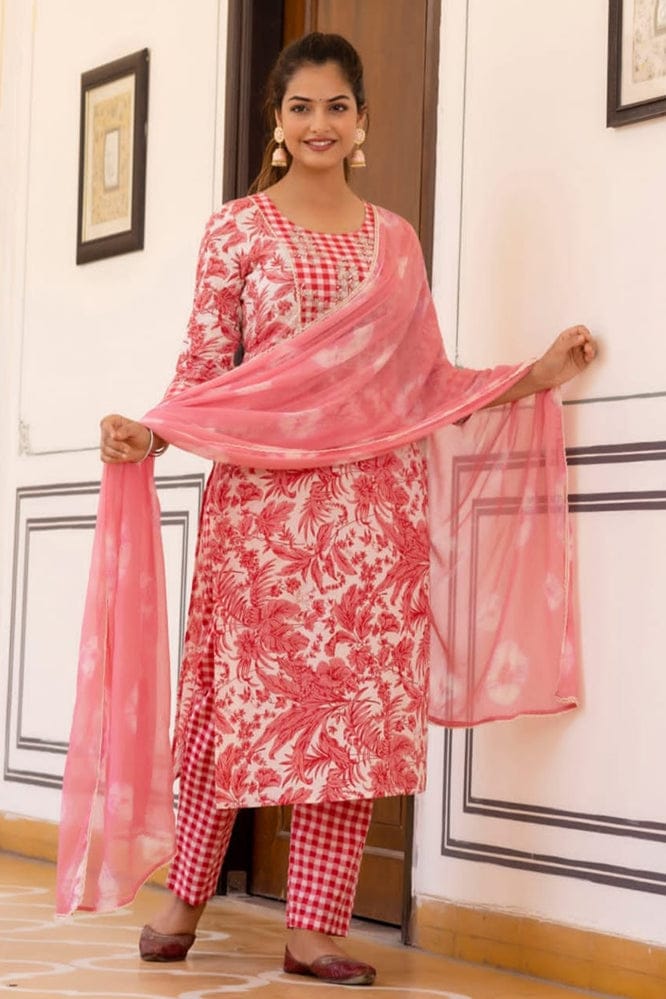 Gold Foil Printed Pink Muslin Cotton Kurta Set-S-36