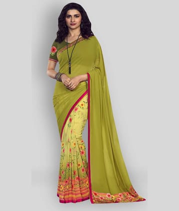 Gazal Fashions Chiffon Printed Saree With Unstitched Blouse Piece ( Green )