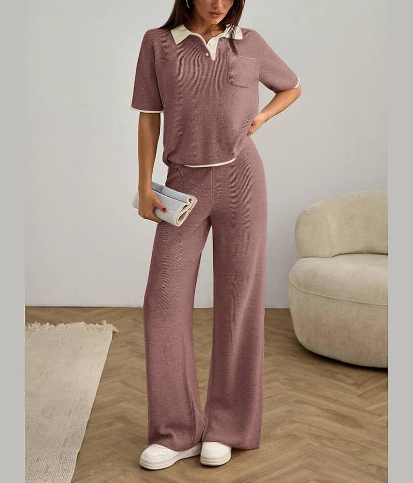 Christy World Women Solid T-Shirt With Trousers Co-Ord Set ( Pink )