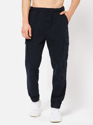 PUNK Men Navy Blue Loose Fit Cotton Casual Cargos-30 / Navy Blue / JOGGER-06-NAVY