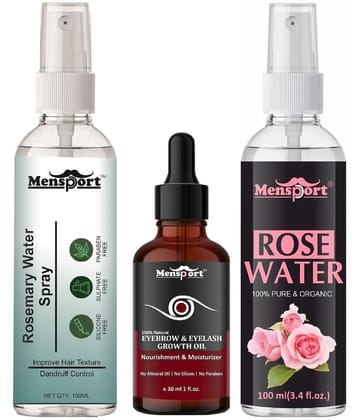 Mensport Rosemary Water | Hair Spray For Hair Regrowth 100ml, Eyebrow And Eyelash Growth Oil 30ml & Natural Rose Water 100ml - Set of 3 Items