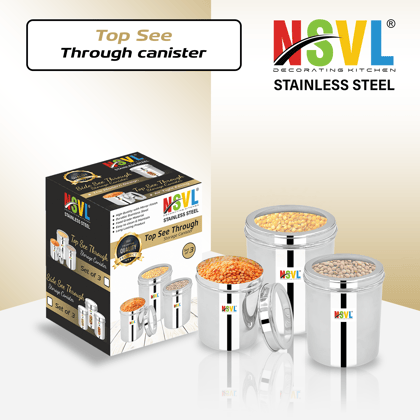 NSVL Stainless Steel See Through Dabba | 3 Size Of Dabba 1200ml , 800ml , 550 ml |Storage Container | Kitchen Container | Silver Colour Pack of 3-Top See Through