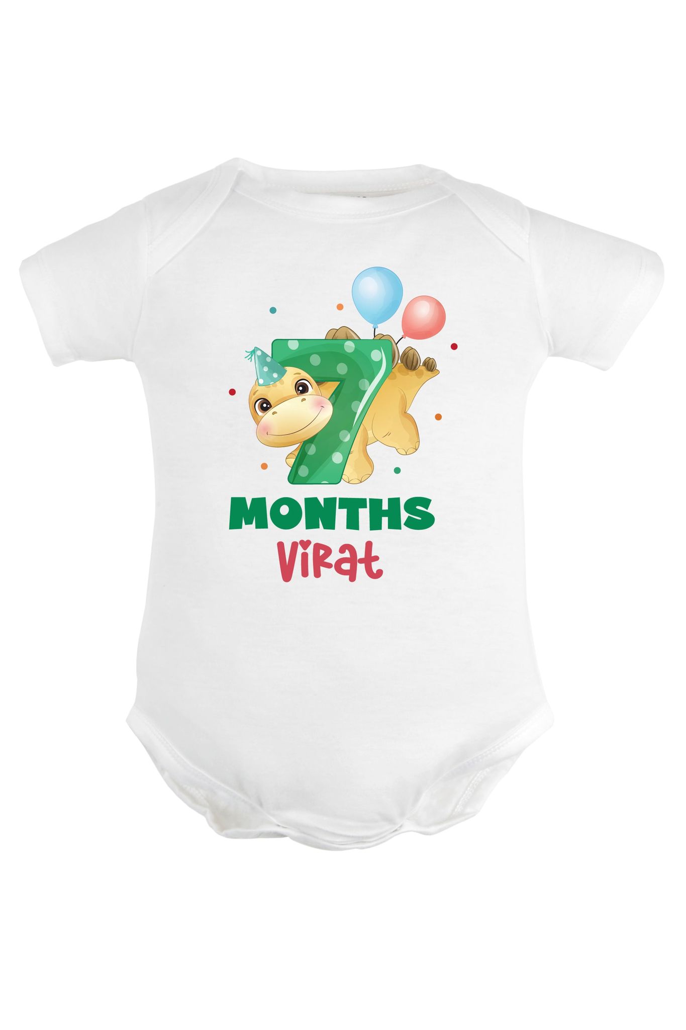 Seven Month Milestone Baby Romper | Onesies - Dino w/ Custom Name-Baby Romper / White / 0-3 Months