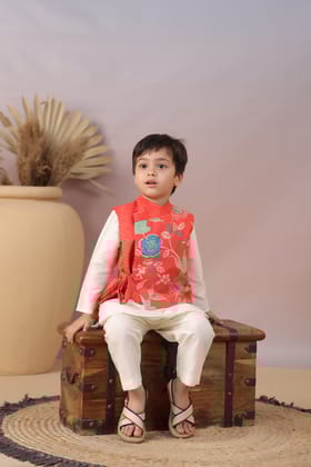 Off White Kurta with Side Knot Detail Printed Red Jacket and Pyjama-0-6 months
