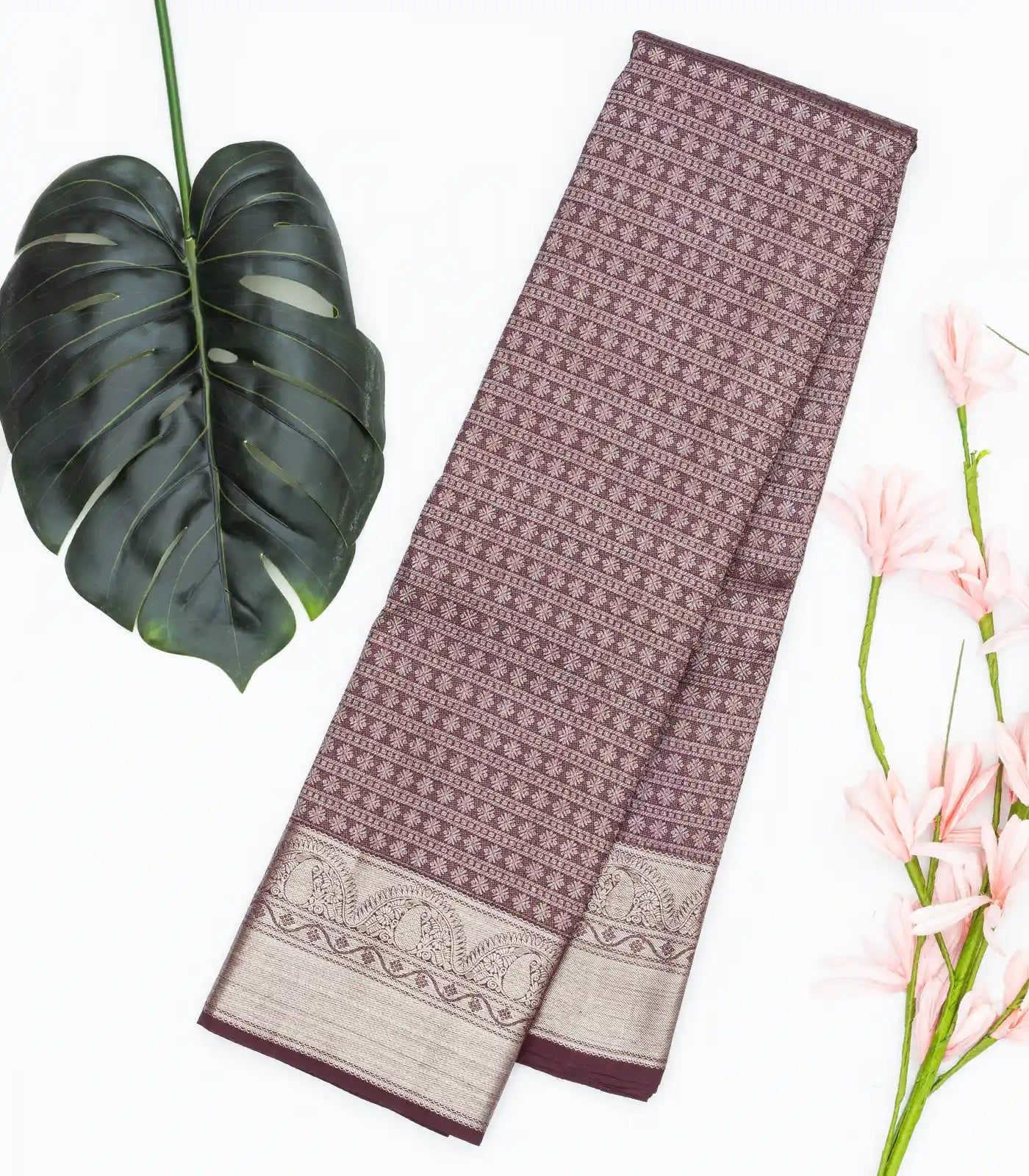 Maroon Handloom Kanchipuram Silk Saree With Star Motif Stripes-Maroon