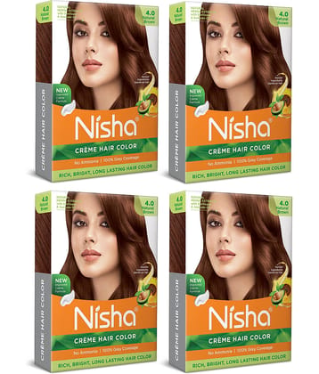 Nisha Creme Hair Color Natural Brown 40gm Pack of 4, Permanent Hair Color for Women Men, No Ammonia, 100% Grey Coverage